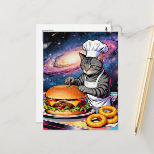 Postal Chef de gato lindo haciendo hamburguesa con queso