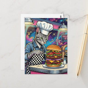 Postal Chef de gato lindo haciendo hamburguesa con queso 