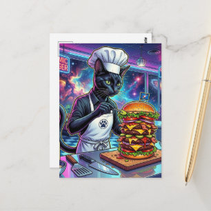 Postal Chef Gato Negro Preparando Hamburguesa con Queso e