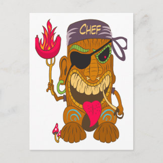 Postal Chef Tiki con bandana y salchicha ardiendo, Divert