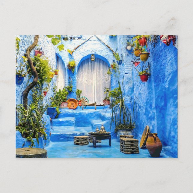 Postal Chefchaouen Ciudad Azul Marruecos Pintura de petró (Anverso)