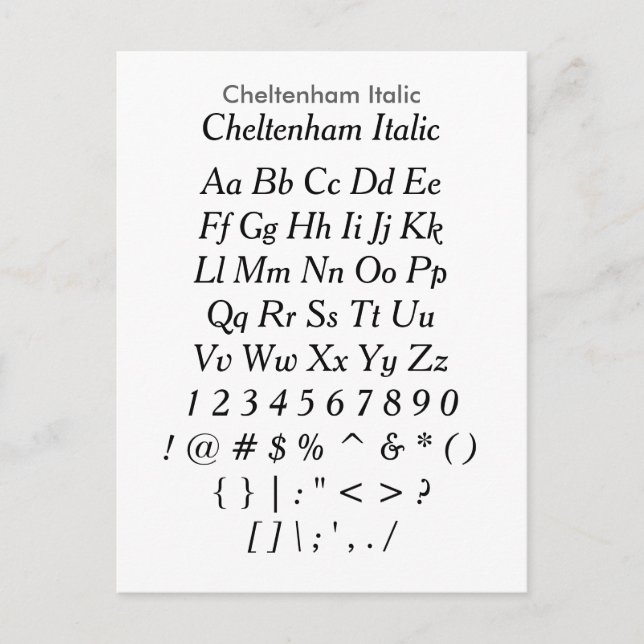Postal Cheltenham Italic - Hoja de ejemplo de fuentes de  (Anverso)