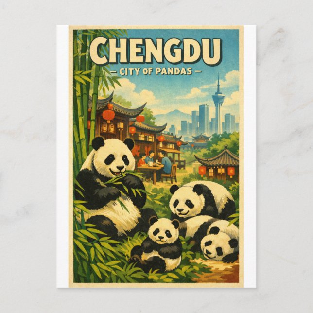 Postal Chengdu, China, con un clásico retro (Anverso)