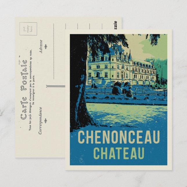 Postal Chenonceau chateau ilustracion original Francia (Anverso / Reverso)