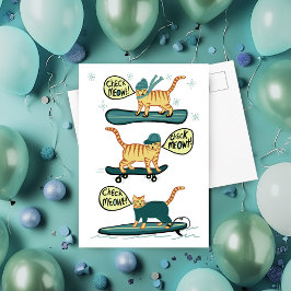 Postal ¡Chequea a Meowt! Gato de tabla de snowboard para