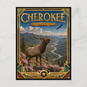 Postal Cherokee Carolina del Norte Arte Deco Dorado Vinta