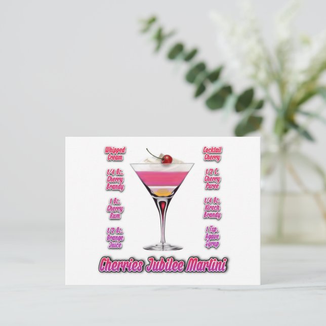 Postal Cherries Jubilee Martini Cocktail Receta Arte (Anverso de pie)