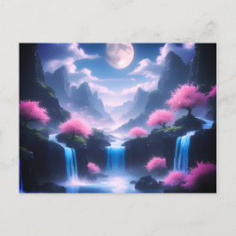 Postal cherry pink tree-Moonlit Waterfall with mountains