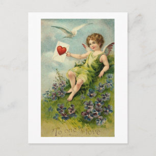 Postal Cherub con carta de amor y pájaro amor