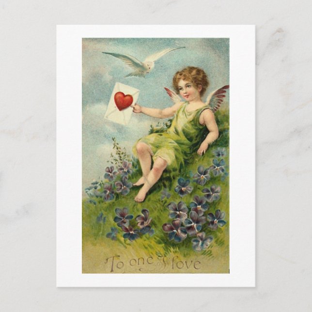 Postal Cherub con carta de amor y pájaro amor (Anverso)