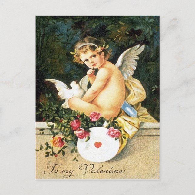 Postal Cherub Cupid Dove Rosa Corazón (Anverso)