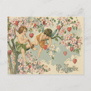 Postal Cherub Cupido Flauta Magnolia Árbol Corazón