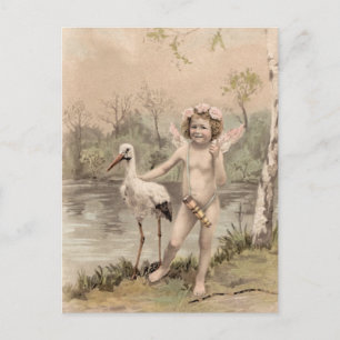 Postal Cherub vintage con cigüeña por lago