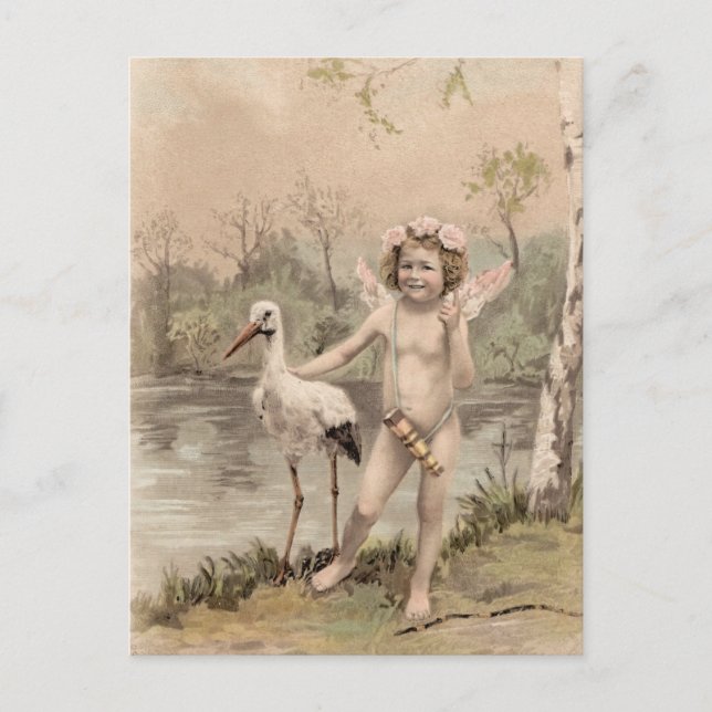 Postal Cherub vintage con cigüeña por lago (Anverso)