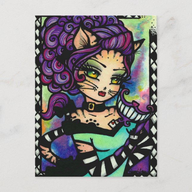 Postal Cheshire Cat Alice Smoke Fantasy Chica de arte (Anverso)