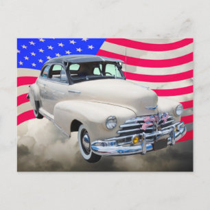 Postal Chevrolet Fleetmaster Y Bandera Estadounidense De