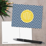 Postal Chevrons azul marino con monograma amarillo Person<br><div class="desc">Un diseño geométrico audaz con colores frescos y de moda. Si necesita ajustar los monogramas,  haga clic en el botón personalizar y realice cambios.</div>