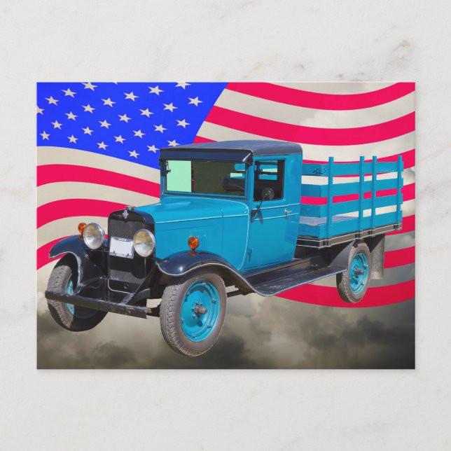 Postal Chevy 1929 Camión y bandera estadounidense (Anverso)