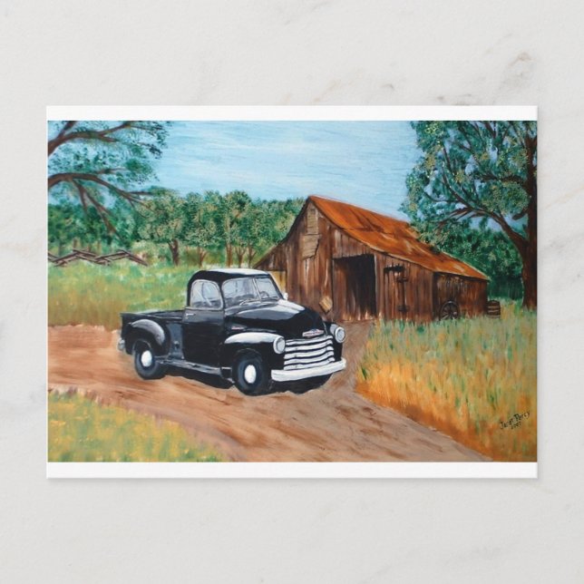 Postal Chevy Pick up y un viejo granero (Anverso)