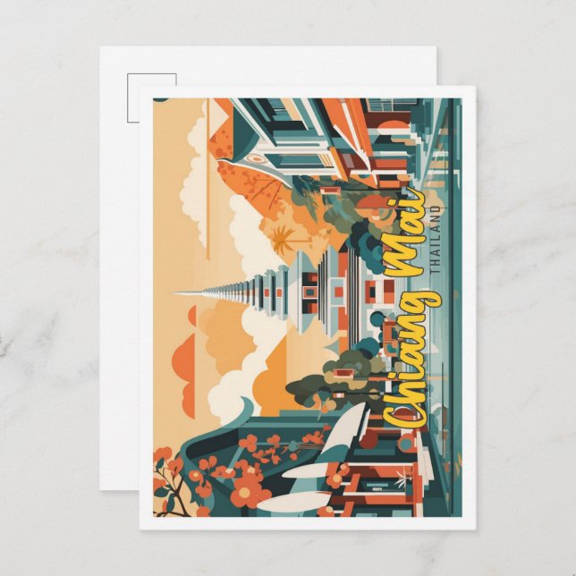 Postal Chiang Mai Tailandia Ilustracion de viajes de arte (Anverso / Reverso)