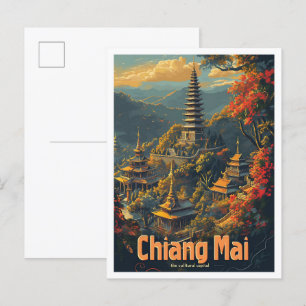 Postal Chiang Mai Tailandia Ilustracion de Viajes Vintage