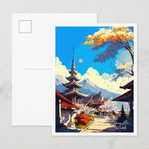 Postal Chiang Mai Tailandia Ilustracion de Viajes Vintage