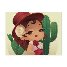 Chibi flamenco en gorra y cactus españoles