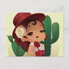 Postal Chibi flamenco en gorra y cactus españoles