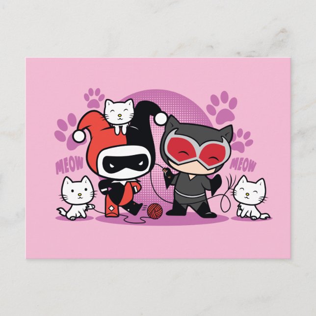 Postal Chibi Harley Quinn & Chibi Catwoman Con Gatos (Anverso)