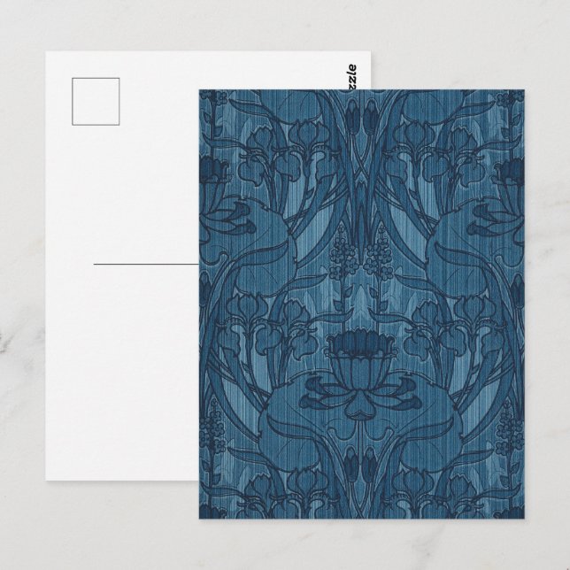 Postal Chic Azul Arte Nuevo Patrón Botánico Iris (Anverso / Reverso)