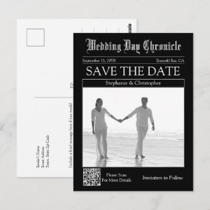 Postal Chic Black Código QR Periódico Boda Save the Date