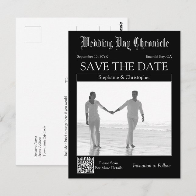 Postal Chic Black Código QR Periódico Boda Save the Date (Anverso / Reverso)