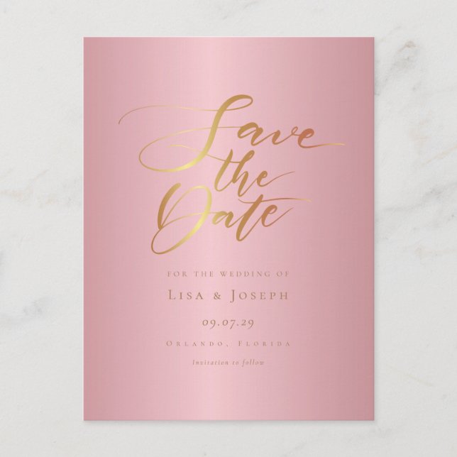 Postal Chic Elegante Rosa Dorado Letra Save the Date (Anverso)
