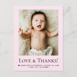 Postal Chic Pink Newborn Photo Love & Thanks Birth Stats