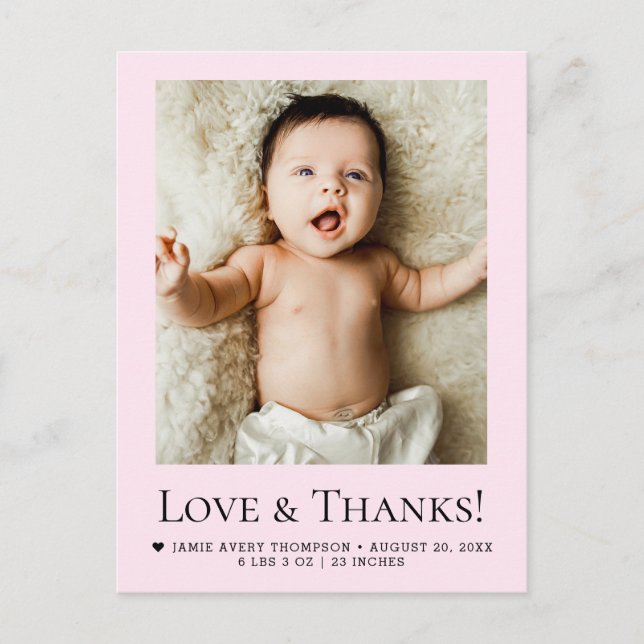 Postal Chic Pink Newborn Photo Love & Thanks Birth Stats (Anverso)