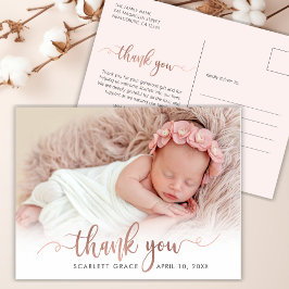 Postal Chic Rose Gold Script Recién Nacida Foto Gracias