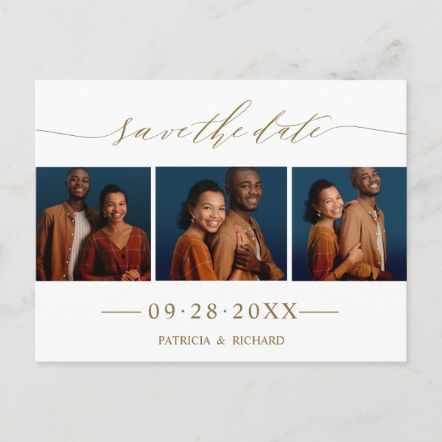 Postal Chic Script Boda Guardar La Fecha 3 Colaje de Foto (Anverso)