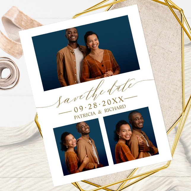 Postal Chic Script Wedding Save The Date 3 Photo Collage (Subido por el creador)