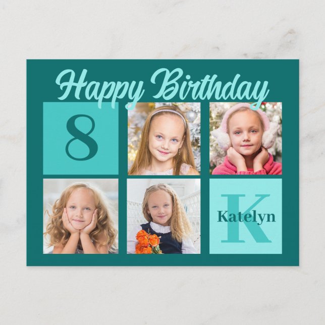 Postal Chic Teal Happy Birthday Custom Photo Collage (Anverso)