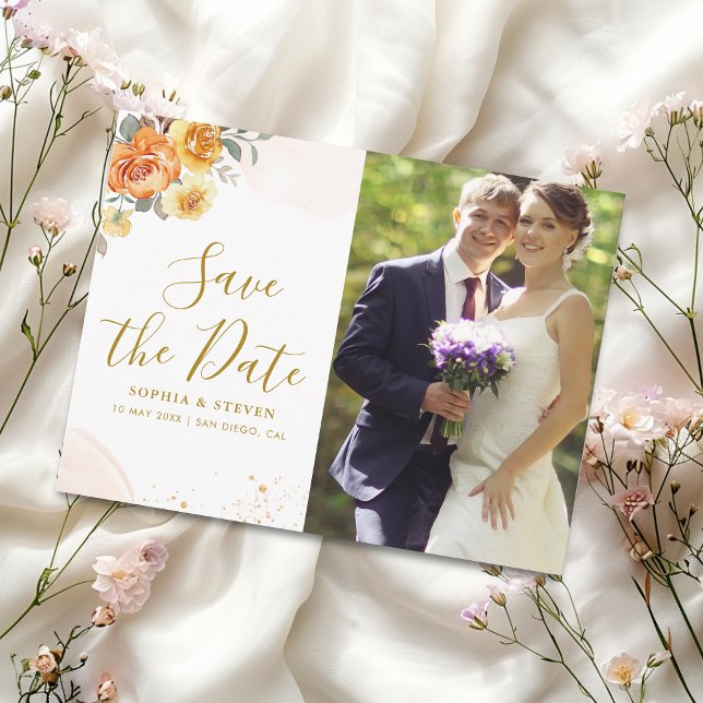 Postal Chic wedding with orange floral with Photo (Subido por el creador)
