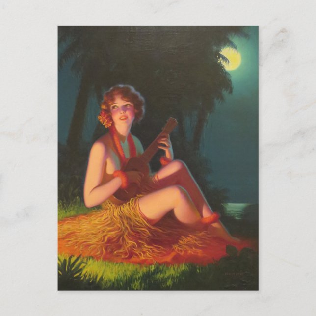 Postal Chica a la luz de la luna con Banjo Ukulele (Anverso)