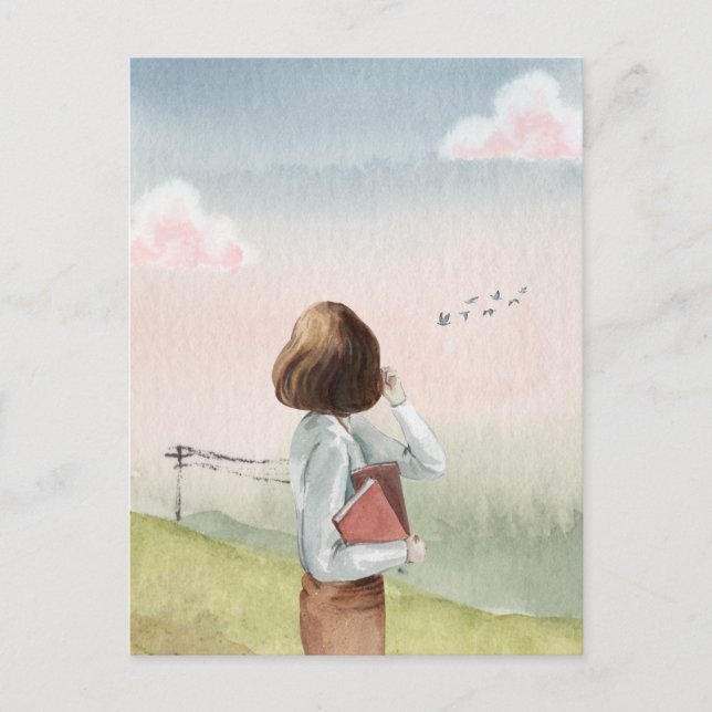 Postal Chica acuarela con el hermoso cielo paisajístico (Anverso)