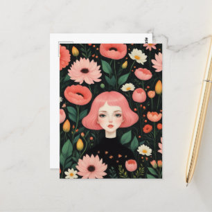 Postal Chica Adorable con el pelo rosado en las flores