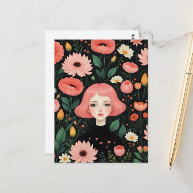 Postal Chica Adorable con el pelo rosado en las flores (Anverso/Reverso In Situ)