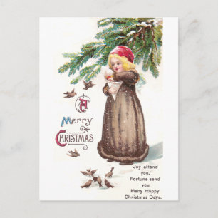 Postal Chica alimentando a las aves en la nieve