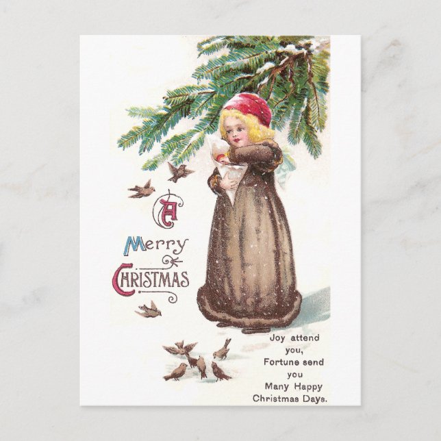 Postal Chica alimentando a las aves en la nieve (Anverso)