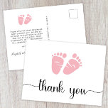 Postal Chica amable Baby Shower Gracias<br><div class="desc">Gracias por tu postal por tu ducha de bebé con "gracias" en un guión elegante con toques y una acuarela rosa con pies de bebé. En la parte posterior,  personaliza tu mensaje de agradecimiento o deja en blanco una nota manuscrita.</div>
