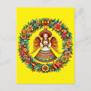 Postal Chica Angel de México flores de arte de la guerra 