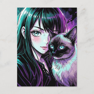 Postal Chica anime bonita y gato siamés