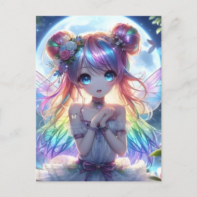 Postal Chica Anime Cabello Arcoíris Cantando Hada Luna (Anverso)